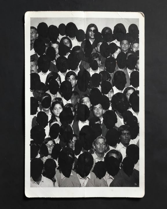 A group portrait where every face is covered by a black silhouette.