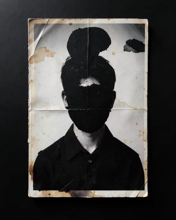 A portrait of a person whose face is covered by a black shape.