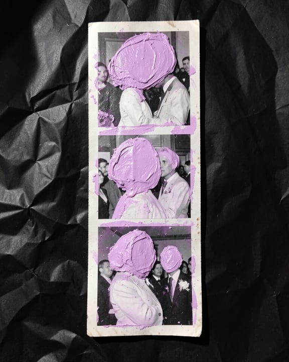 A series of black and white photographs featuring people whose faces are covered with thick purple paint.