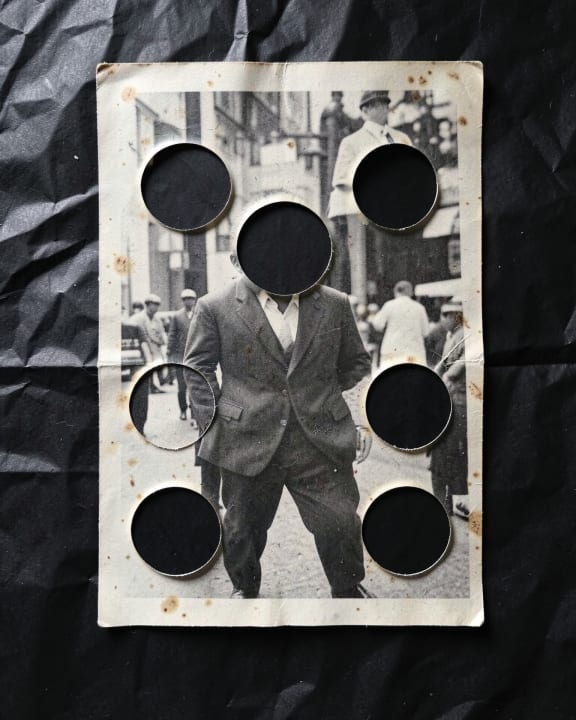 An old black and white photograph of people on a street where several faces are covered by black holes.